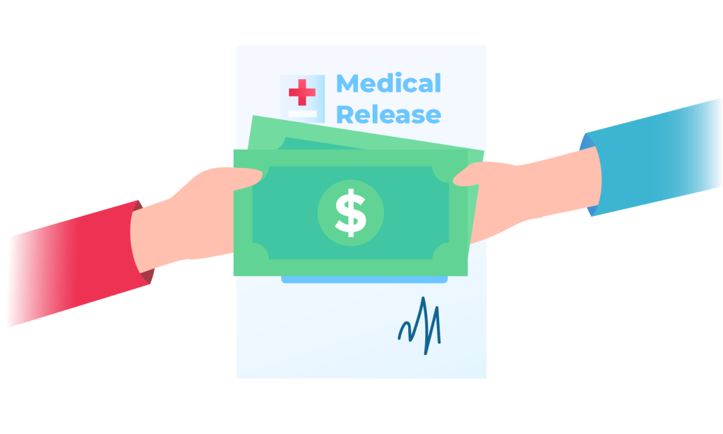 Two Hands Holding Money with Medical Release Form
