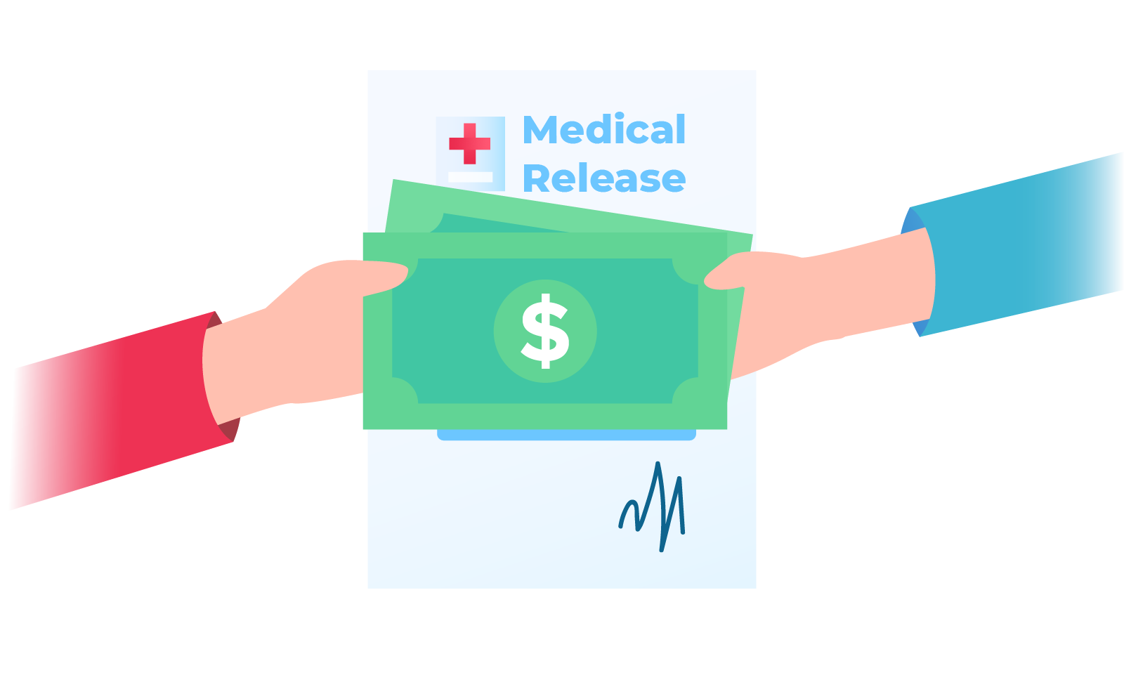 Two Hands Holding Money with Medical Release Form